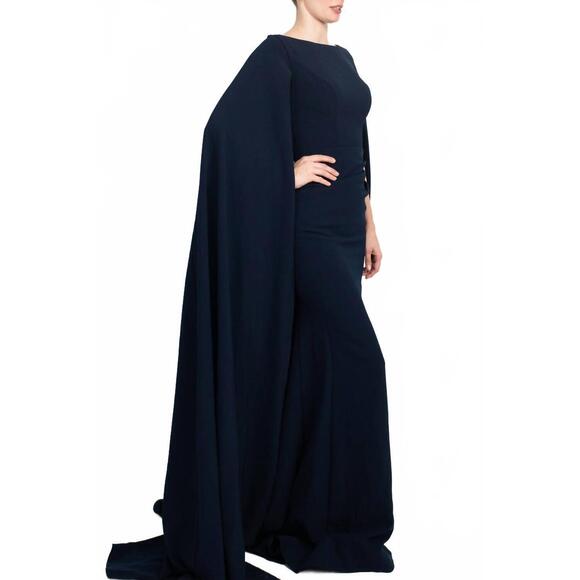 NEW JOVANI women's boat neck cape evening with zipper closure crepe gown in navy - Picture 4 of 4